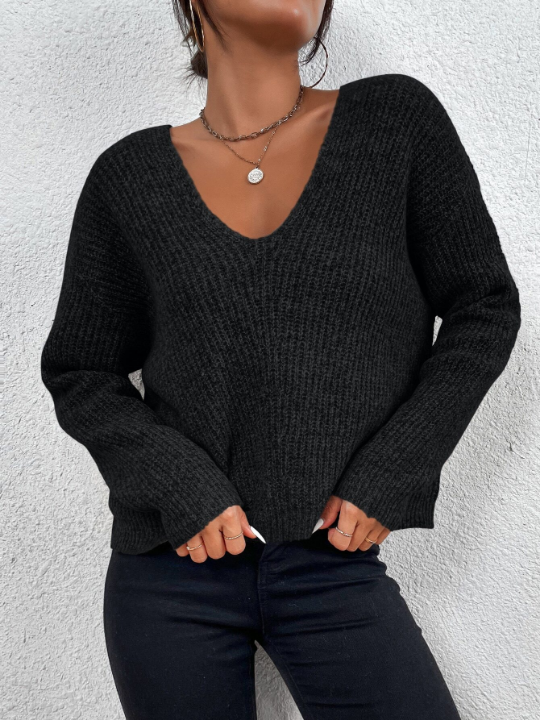 Frenchy V-neck Drop Shoulder Ribbed Knit Sweater