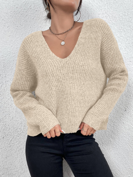 Frenchy V-neck Drop Shoulder Ribbed Knit Sweater