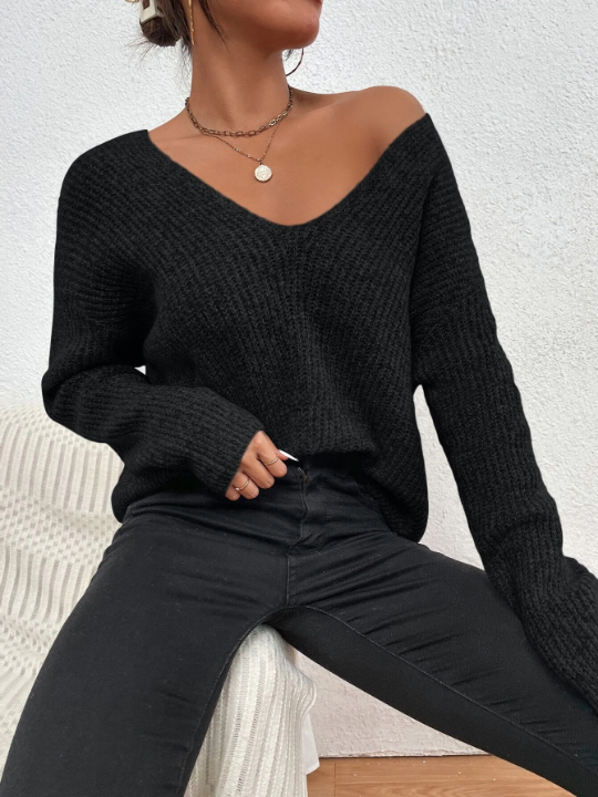 Frenchy V-neck Drop Shoulder Ribbed Knit Sweater