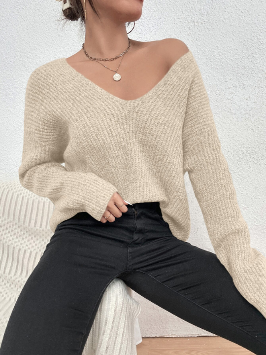 Frenchy V-neck Drop Shoulder Ribbed Knit Sweater