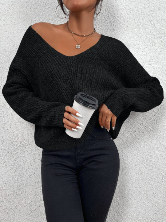 Frenchy V-neck Drop Shoulder Ribbed Knit Sweater