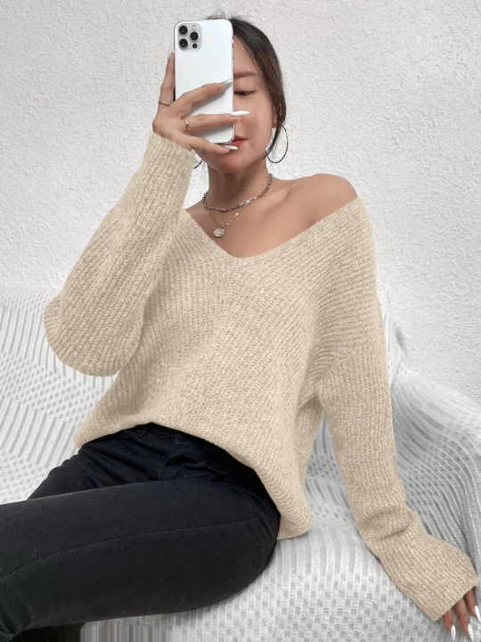 Frenchy V-neck Drop Shoulder Ribbed Knit Sweater