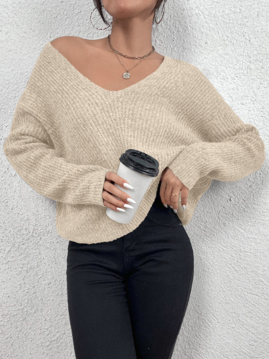 Frenchy V-neck Drop Shoulder Ribbed Knit Sweater