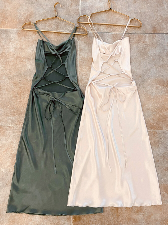 2pcs Lace Up Backless Satin Sleep Dress