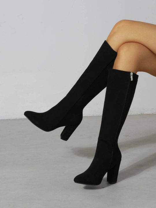 Women Faux Suede Side Zip Point Toe Chunky Heeled Black Knee High Classic Boots