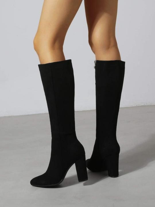 Women Faux Suede Side Zip Point Toe Chunky Heeled Black Knee High Classic Boots