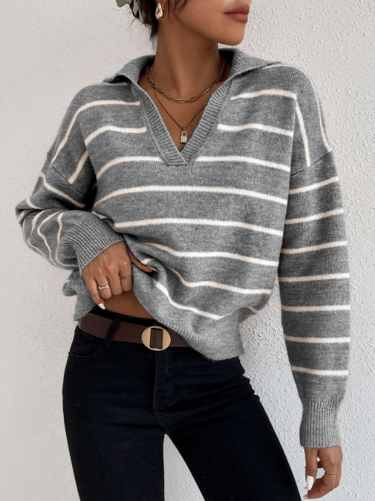 Frenchy Striped Notched Drop Shoulder Sweater