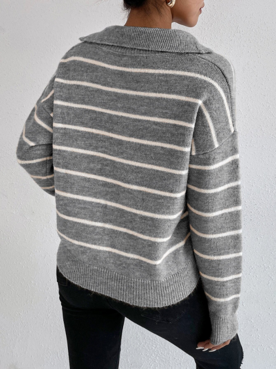 Frenchy Striped Notched Drop Shoulder Sweater