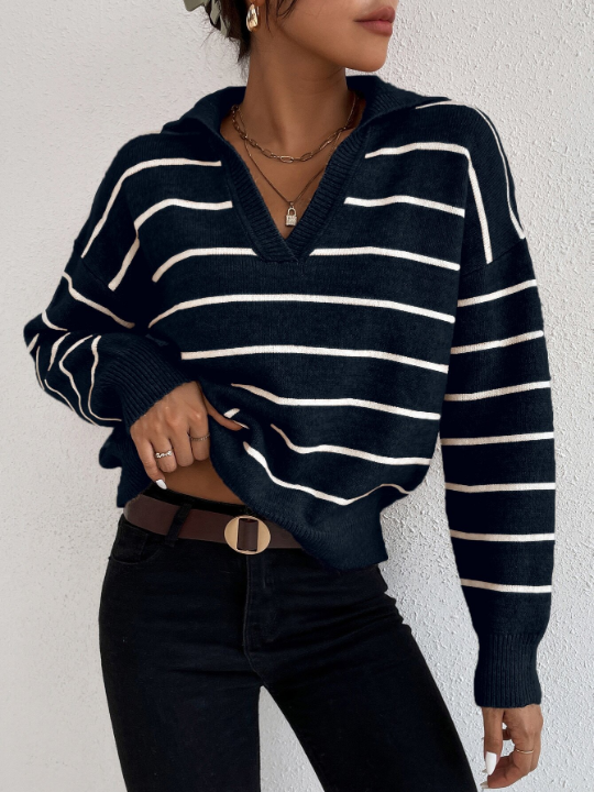 Frenchy Striped Notched Drop Shoulder Sweater