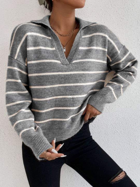 Frenchy Striped Notched Drop Shoulder Sweater