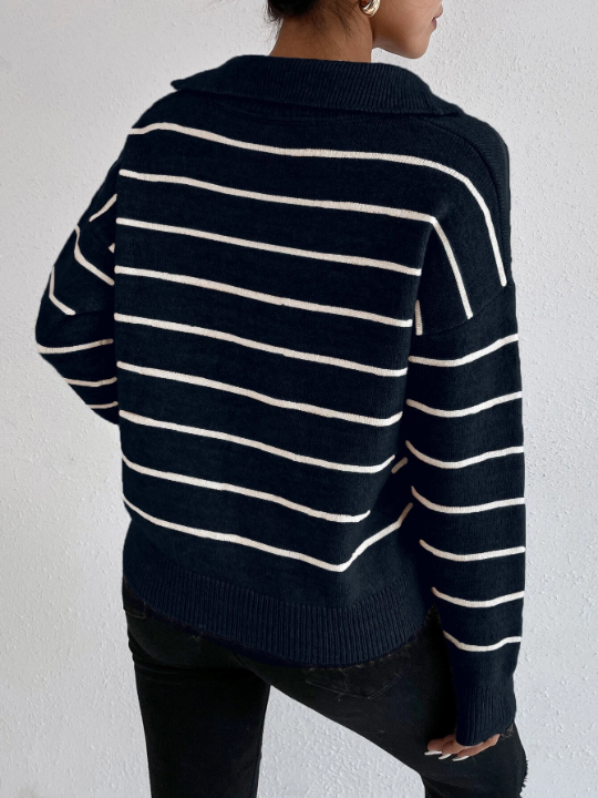 Frenchy Striped Notched Drop Shoulder Sweater