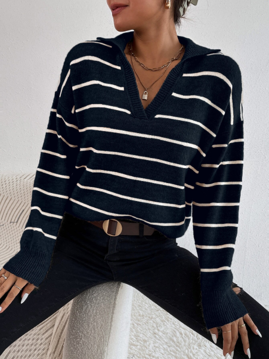 Frenchy Striped Notched Drop Shoulder Sweater