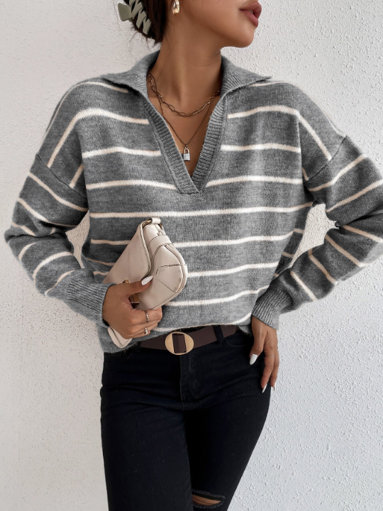 Frenchy Striped Notched Drop Shoulder Sweater