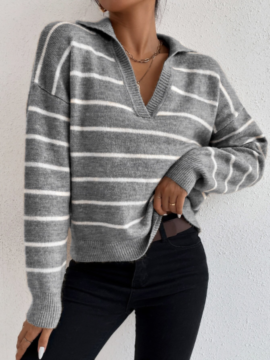 Frenchy Striped Notched Drop Shoulder Sweater