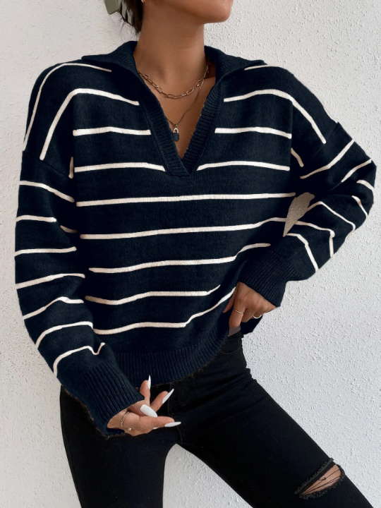 Frenchy Striped Notched Drop Shoulder Sweater