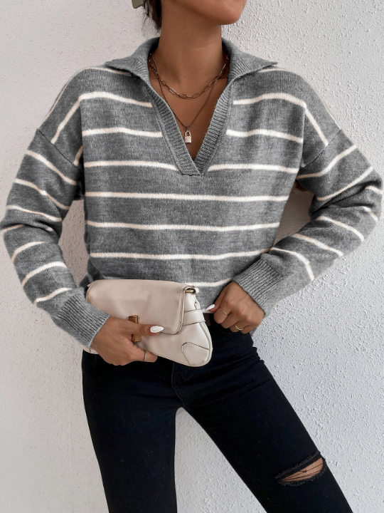 Frenchy Striped Notched Drop Shoulder Sweater