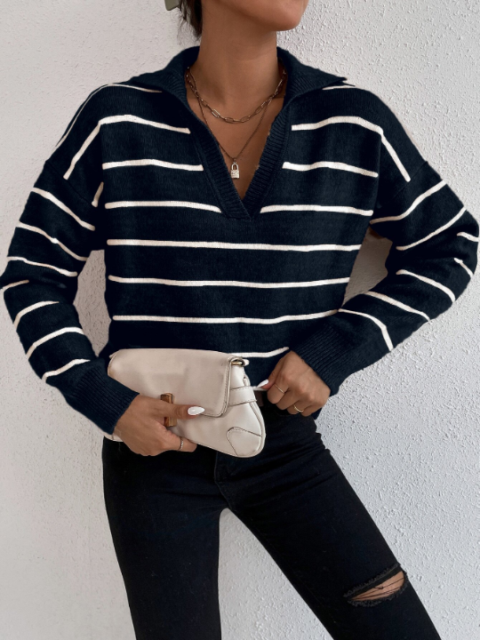 Frenchy Striped Notched Drop Shoulder Sweater