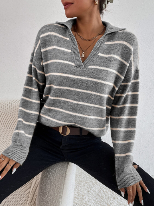 Frenchy Striped Notched Drop Shoulder Sweater