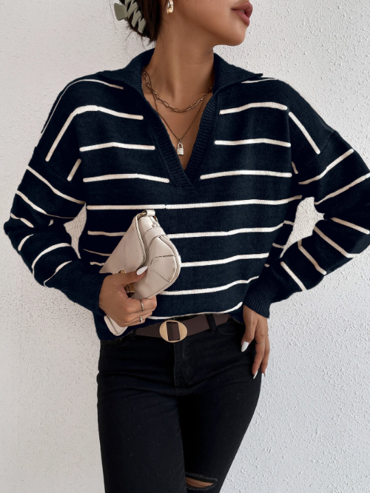 Frenchy Striped Notched Drop Shoulder Sweater