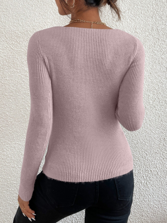 Frenchy Solid Rib Knit V Neck Sweater