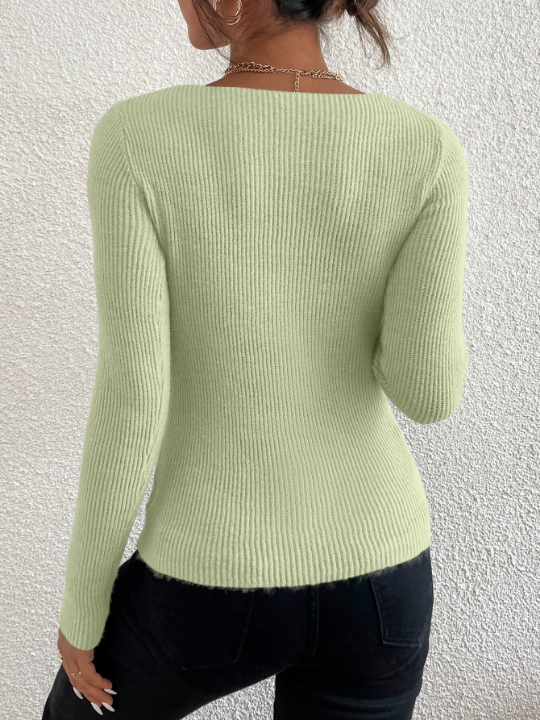 Frenchy Solid Rib Knit V Neck Sweater