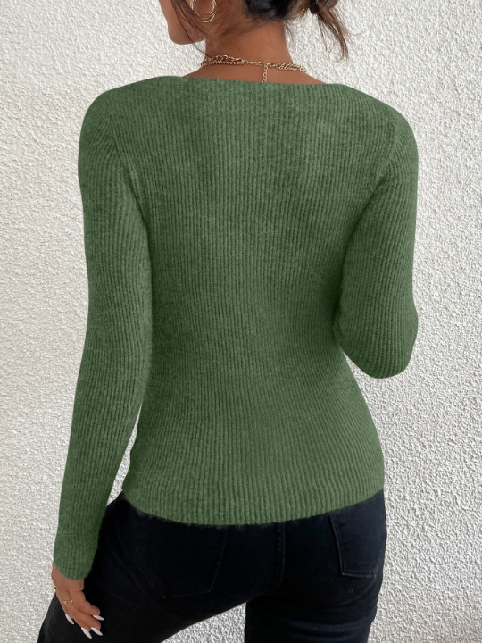 Frenchy Solid Rib Knit V Neck Sweater