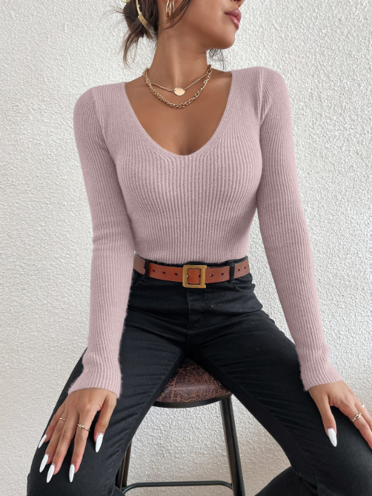 Frenchy Solid Rib Knit V Neck Sweater