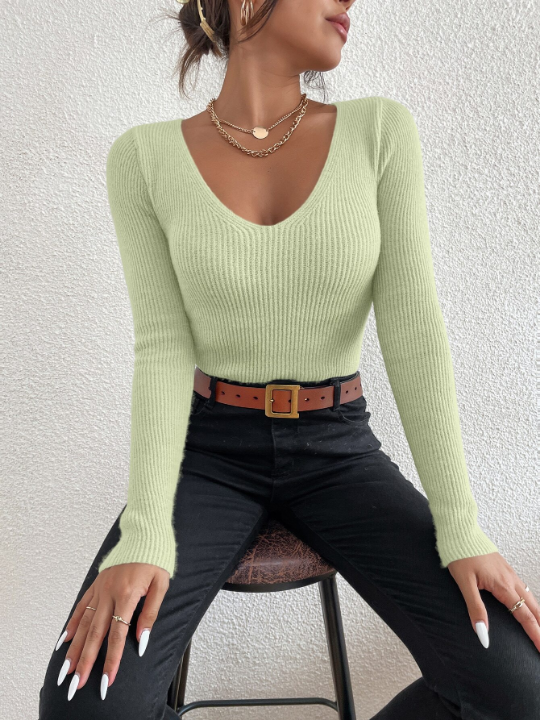 Frenchy Solid Rib Knit V Neck Sweater