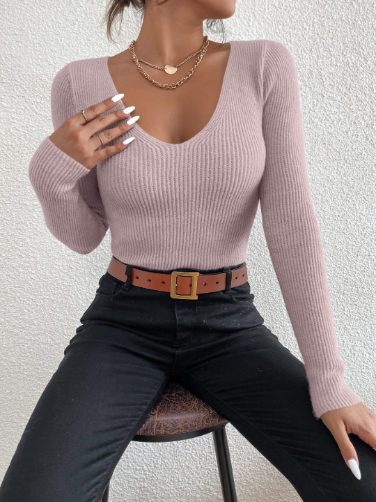 Frenchy Solid Rib Knit V Neck Sweater