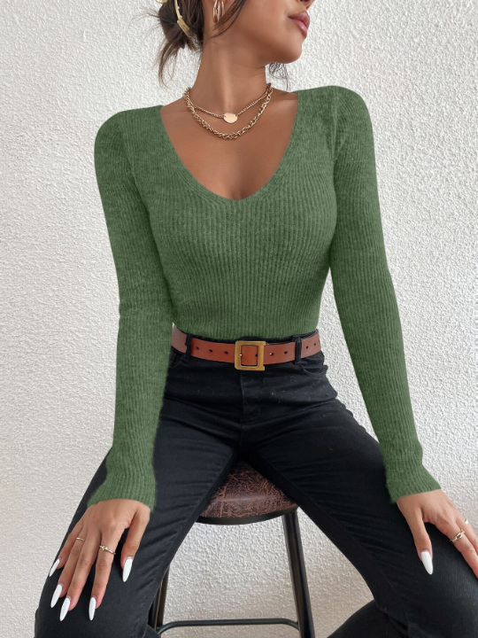 Frenchy Solid Rib Knit V Neck Sweater