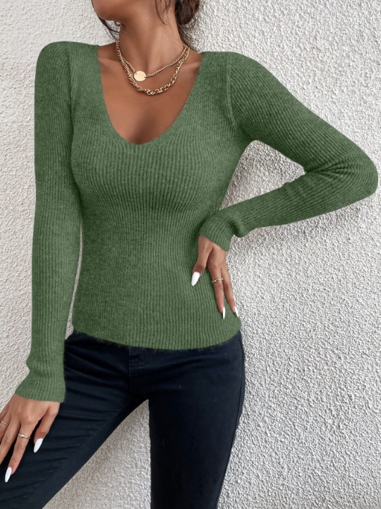 Frenchy Solid Rib Knit V Neck Sweater