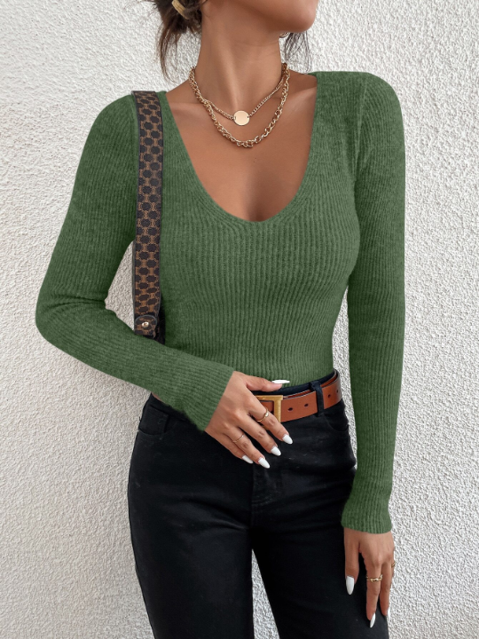 Frenchy Solid Rib Knit V Neck Sweater