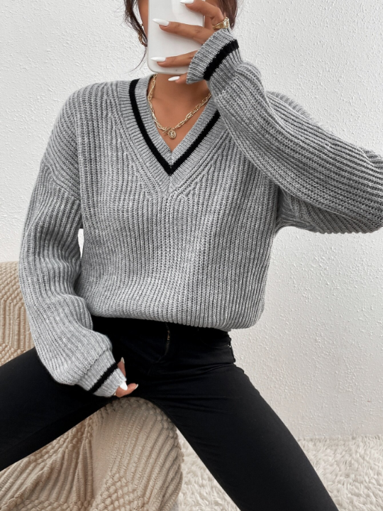 Frenchy Striped Trim Drop Shoulder Sweater