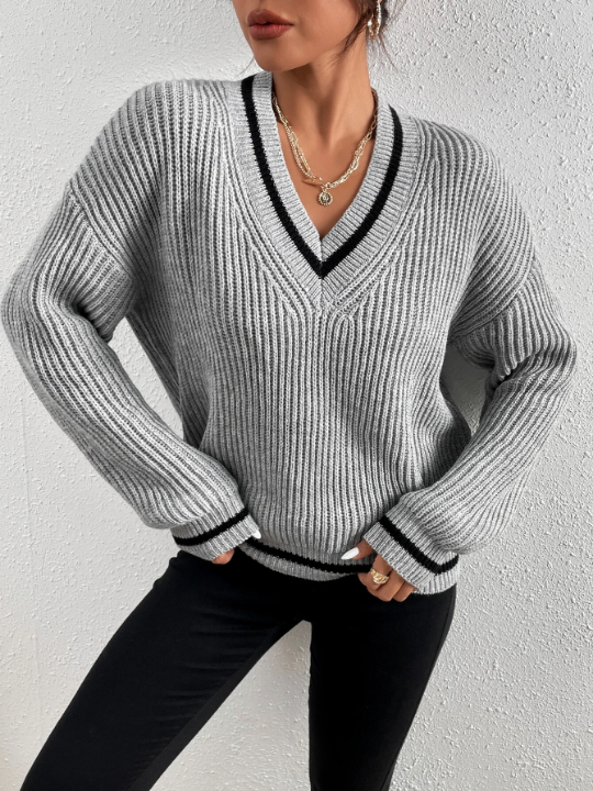 Frenchy Striped Trim Drop Shoulder Sweater