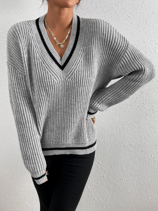 Frenchy Striped Trim Drop Shoulder Sweater