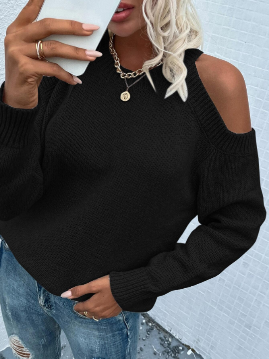 LUNE Solid Cold Shoulder Sweater