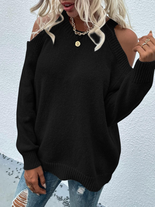 LUNE Solid Cold Shoulder Sweater