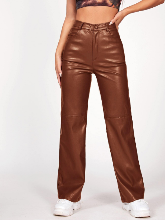 PETITE Solid PU Leather Straight Leg Pants