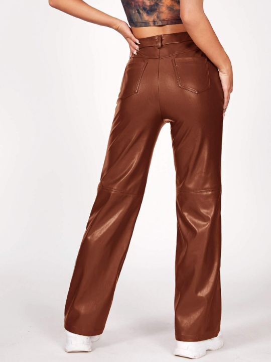 PETITE Solid PU Leather Straight Leg Pants