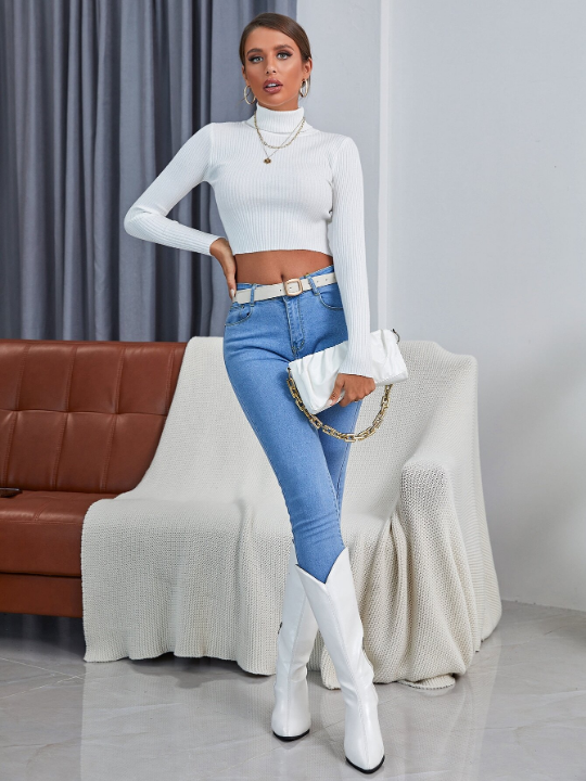 Essnce Solid High Neck Rib Knit Crop Sweater