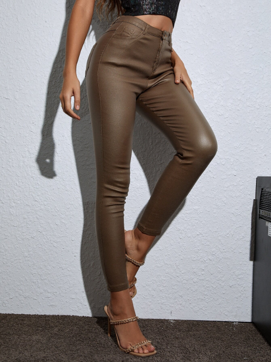 Apperloth A High Waist Thermal Lined PU Leather Skinny Cropped Pants