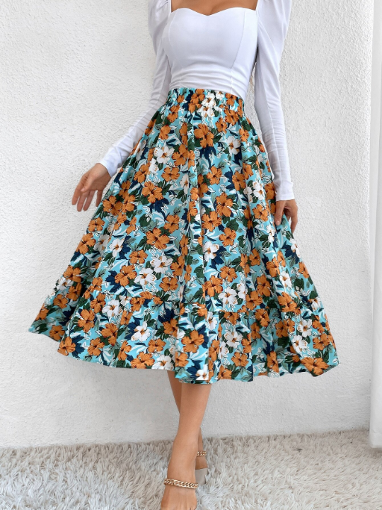 VCAY Allover Floral Print Flare Skirt