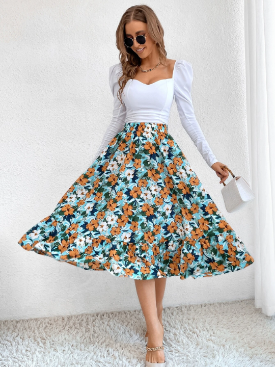 VCAY Allover Floral Print Flare Skirt