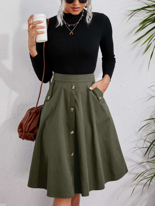 Solid Single Breasted Flare Skirt