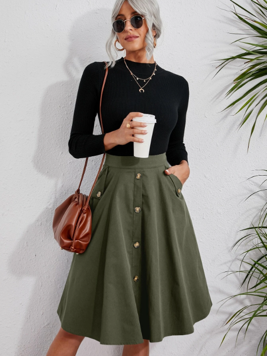 Solid Single Breasted Flare Skirt