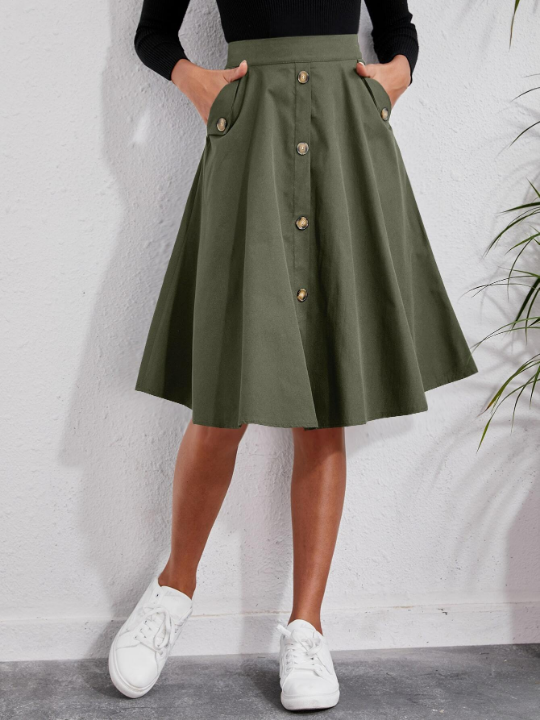 Solid Single Breasted Flare Skirt