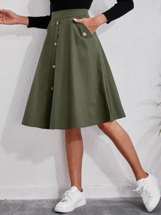 Solid Single Breasted Flare Skirt