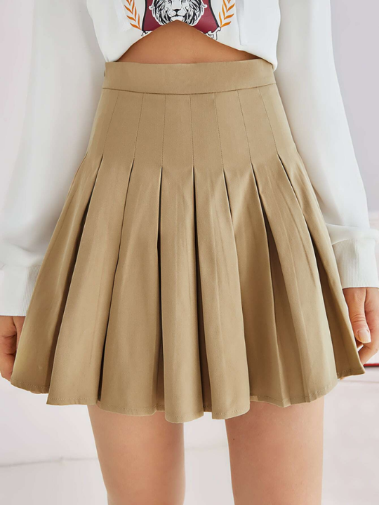 EZwear Zipper Solid Pleated Skirt