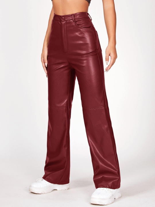 PETITE Solid PU Leather Straight Leg Pants