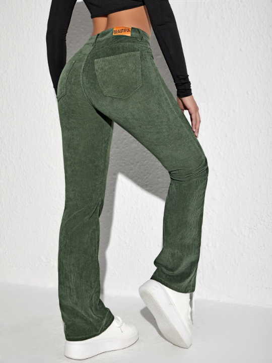 Letter Patched Flare Leg Corduroy Pants